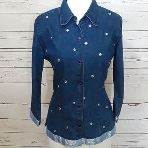 Denim button front top little mirror bling. Small